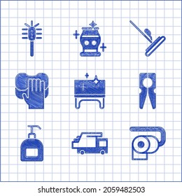 Die Tische sind sauber, Müllwagen, Die Papierrolle der Toilette, Die Anstecknadeln, Flasche der flüssigen Seife, Reinigungsdienst, Das Mop und das Pinselsymbol. Vektorgrafik