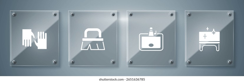 Set Mesa limpia, lavabo, cepillo para limpieza y guantes de goma. Paneles de vidrio cuadrados. Vector