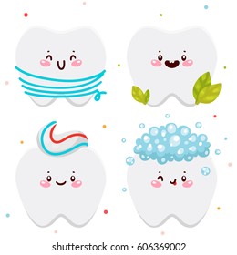 Set with clean teeth, dental floss, fresh mint, toothpaste, bubbles foam, cartoon characters, oral dental hygiene, set, collection, vector.