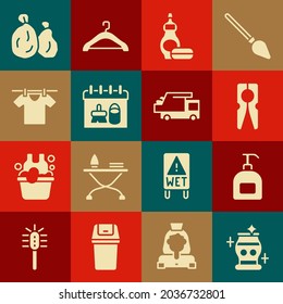 Set Clean vase, Bottle of liquid soap, Clothes pin, Dishwashing bottle, Cleaning calendar, Drying clothes, Garbage bag and truck icon. Vector