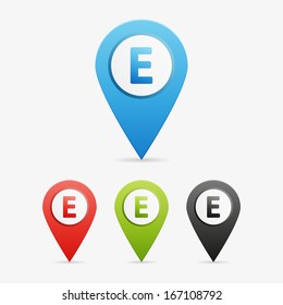Set of clean vector color letter and number symbol icon pointers, E