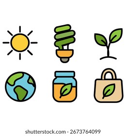 Conjunto de iconos ecológicos de Vector limpio que representan el reciclaje, las hojas, la energía renovable y el cuidado del medio ambiente, perfecto para App, Sitios web y proyectos ecológicos