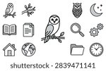A set of clean vector graphics depicting owls, a crescent moon, a book, a magnifying glass, and other common icons.