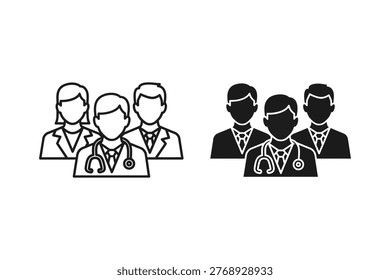 A set of clean vector icons depicting a medical team of doctors and professionals, presented in both outline and solid silhouette styles. Ideal for healthcare, corporate, or informational graphics.