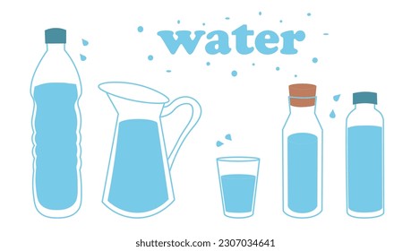 A set of clean water in bottles and a glass. text. H2O for health. Drink more water.