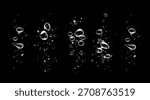 Set of clean water bubbles with soap foam effect, sparkle shine, detergent powder trail, fresh wave and hygiene on black background.
