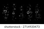 Set of clean water bubbles with soap foam effect, sparkle shine, detergent powder trail, fresh wave and hygiene on black background.