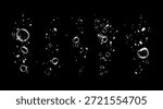 Set of clean water bubbles with soap foam effect, sparkle shine, detergent powder trail, fresh wave and hygiene on black background.