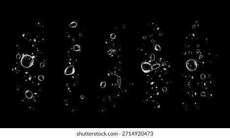 Conjunto de burbujas de agua limpia con efecto de espuma de jabón, brillo brillante, rastro de polvo detergente, ola fresca e higiene sobre fondo negro.