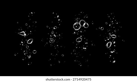 Conjunto de burbujas de agua limpia con efecto de espuma de jabón, brillo brillante, rastro de polvo detergente, ola fresca e higiene sobre fondo negro.