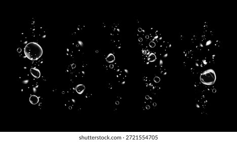 Conjunto de burbujas de agua limpia con efecto de espuma de jabón, brillo brillante, rastro de polvo detergente, ola fresca e higiene sobre fondo negro.