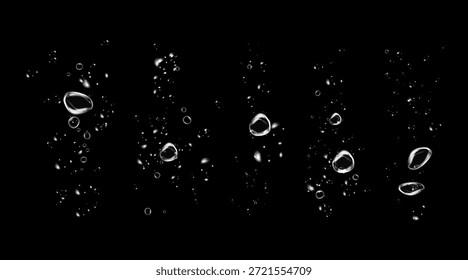 Conjunto de burbujas de agua limpia con efecto de espuma de jabón, brillo brillante, rastro de polvo detergente, ola fresca e higiene sobre fondo negro.