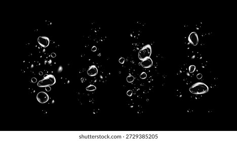 Set of clean water bubbles with soap foam effect, sparkle shine, detergent powder trail, fresh wave and hygiene on black background.