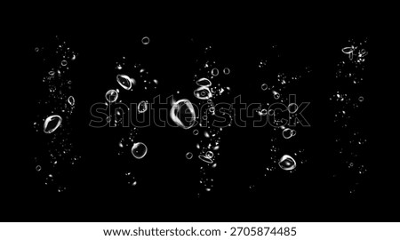 Set of clean water bubbles with soap foam effect, sparkle shine, detergent powder trail, fresh wave and hygiene on black background.