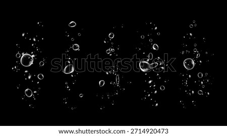 Set of clean water bubbles with soap foam effect, sparkle shine, detergent powder trail, fresh wave and hygiene on black background.