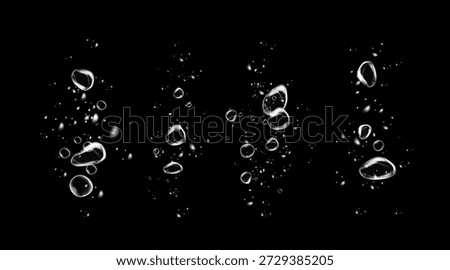 Set of clean water bubbles with soap foam effect, sparkle shine, detergent powder trail, fresh wave and hygiene on black background.