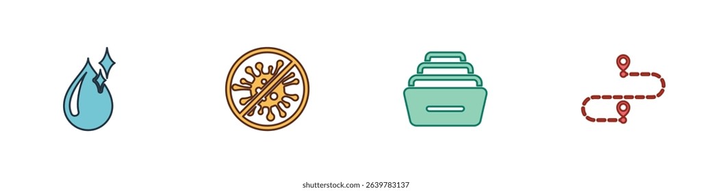 Set Clean water drop, Stop virus, bacteria, Drawer with documents and Route location icon. Vector