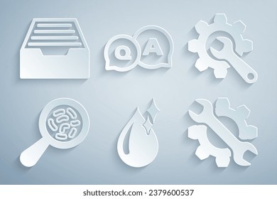 Set Clean water drop, Wrench and gear, Microorganisms under magnifier, Question Answer and Drawer with documents icon. Vector