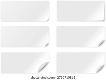 A set of clean white paper stickers with rounded corners, soft shadows, and realistic curled edges. Perfect for presentations, product mockups, branding, labels, tags, UI elements,
