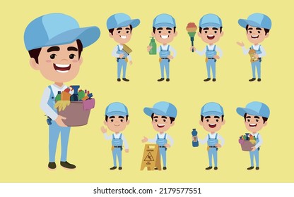 Set of cleaner with different poses