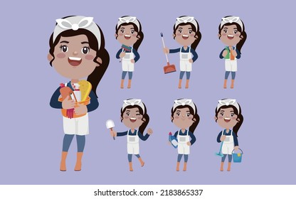 Set of cleaner with different poses