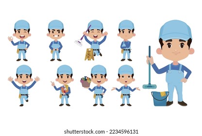 Set of cleaner with different poses