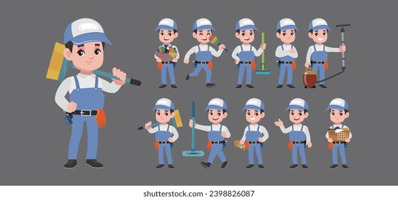 Set of cleaner with different poses