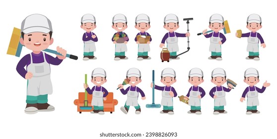 Set of cleaner with different poses