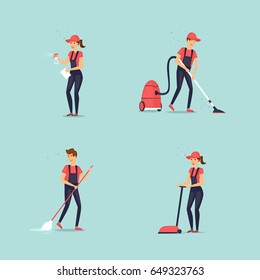 Set of cleaners. Flat design vector illustration.