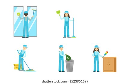 Set of cleaners in overalls at work. Vector illustration.