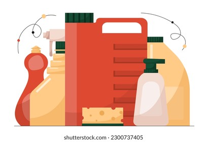 Set of cleaners. Sponge sprays, liquid and detergent bottles. Inventory for cleaning and hygiene. Bottles of household chemicals supplies. Cartoon flat vector collection isolated on white background
