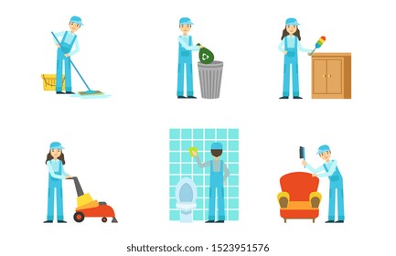 Set of cleaners in a uniform at work. Vector illustration.