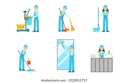 Set of cleaners at work. Vector illustration.