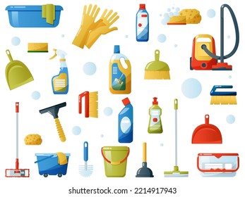 Set of cleanig supplies elements. Bucket with cleaning supplies collection isolated on white background. 