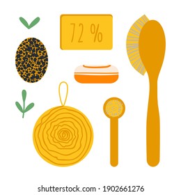 Un conjunto de accesorios de limpieza para un estilo de vida sin desperdicios. Cepillos y jabón. Ilustración vectorial en un estilo plano.