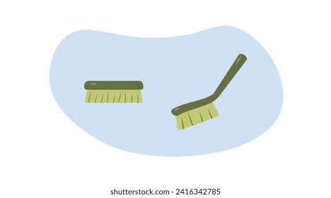 Set of cleaning brushes. A brush with a handle and a brush without a handle. Hand-held household supplies for cleaning and housework. Flat vector illustration eps 10 isolated on white background.