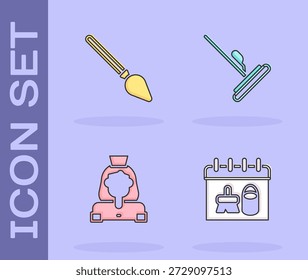 Calendario de limpieza, manija la escoba, servicio de dama e icono de fregona. Vector