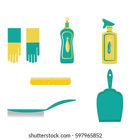 Set for cleaning cleanser in bottles gloves scoop brush sponge isolated on white background art creative vector element for design