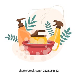 Set of cleaning. Collection of cosmetics, care for beauty and hygiene. Spray cans and soft facial brush, hot water and bath treatments. Advertising poster or banner. Cartoon flat vector illustration