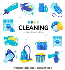 Set of cleaning color flat icons for web and mobile design. Washing machine, detergents products the house and office, disinfection services, hand washing. Vector illustration