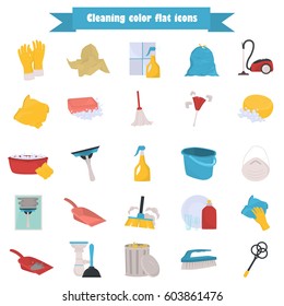 Set of cleaning color flat icons for web and mobile design