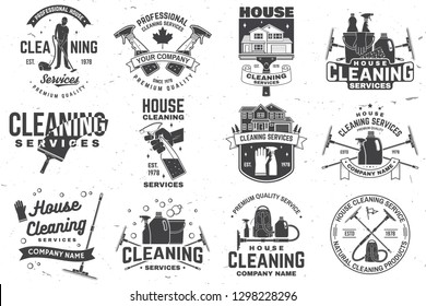 Set Of Cleaning Company Services Badge, Emblem. Vector. Concept For Shirt, Print, Stamp Or Tee. Vintage Typography Design With Cleaning Equipments. Cleaning Service Sign For Company Related Business