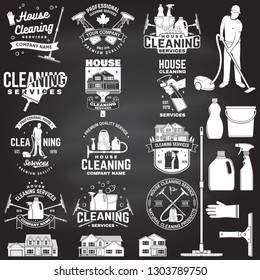 Set of cleaning company services badge, emblem. Vector. Concept for shirt, print, stamp or tee. Vintage typography design with cleaning equipments. Cleaning service sign for company related business