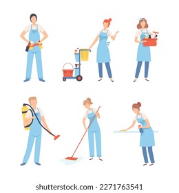 Set of cleaning company staff. Male and female professional workers in overalls with cleaning supplies cartoon vector illustration
