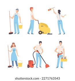 Set of cleaning company staff. Male and female workers in overalls mopping and vacuuming floor with cleaning equipment cartoon vector illustration