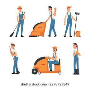 Set of cleaning company staff. Professional cleaners working with cleaning equipment cartoon vector illustration