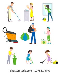 Set of cleaning company staff with a vacuum cleaner, shfabroy, with a trash can clean the premises of different companies