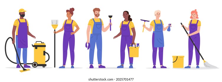 Set of cleaning company staff to work with the equipment. Cleaning service, people vacuuming and washing in uniform. Woman with buckets and mop,broom,wiper,plunger. Vector illustration in a flat style