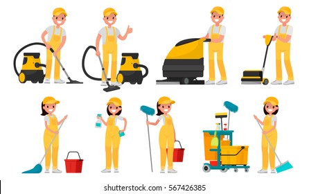 Set of cleaning company staff to work with the equipment. A man with a vacuum cleaner and scrubber. Woman with buckets and mops. Vector illustration in a flat style