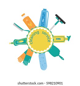 Set for cleaning detergent in bottle gloves scoop brush sponge wiper label cleaning service isolated white background art creative vector illustration element for design